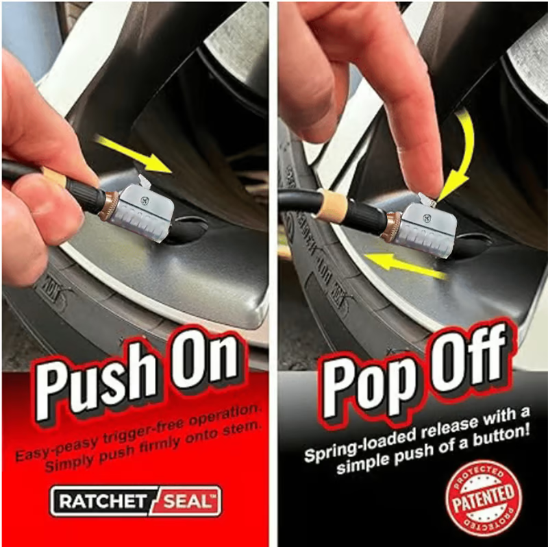 Quick-Connect Tire Chuck ~ Inflate tires faster with a leak-free push connection.