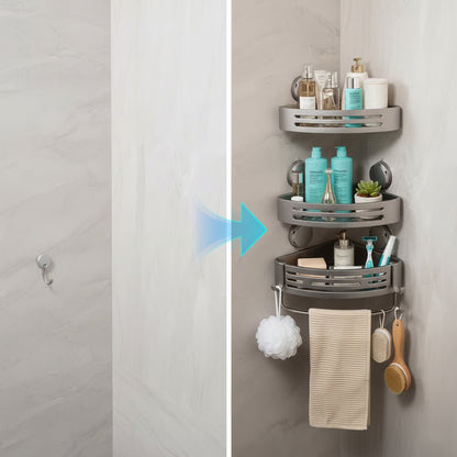 Triangle Suction Shower Caddy ~ Turn empty shower corners into instant storage.