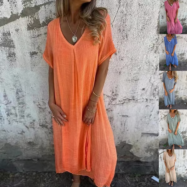 Cotton and Linen V-neck Midi Dress ~ Soft, airy, and ready to wear anywhere