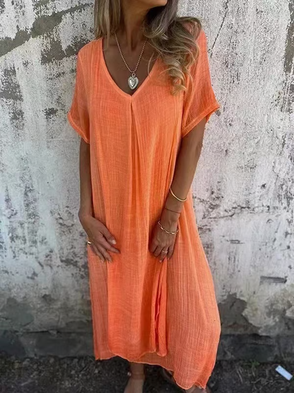 Cotton and Linen V-neck Midi Dress ~ Soft, airy, and ready to wear anywhere