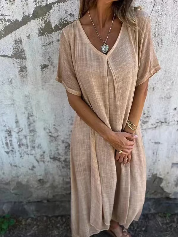 Cotton and Linen V-neck Midi Dress ~ Soft, airy, and ready to wear anywhere