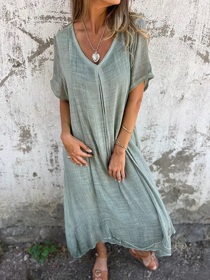 Cotton and Linen V-neck Midi Dress ~ Soft, airy, and ready to wear anywhere