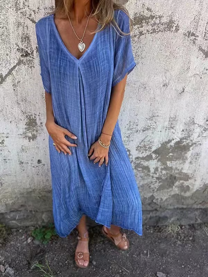 Cotton and Linen V-neck Midi Dress ~ Soft, airy, and ready to wear anywhere