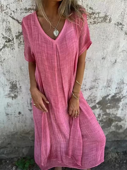 Cotton and Linen V-neck Midi Dress ~ Soft, airy, and ready to wear anywhere