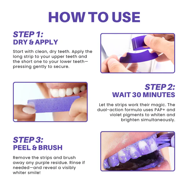Purple Whitening Teeth Strips ~ Instantly brighten and balance yellow tones in 30 minutes