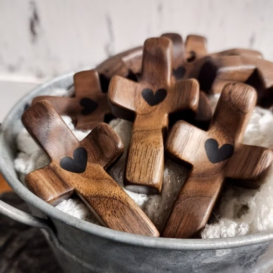 Handmade Wooden Cross My Heart ~ A Pocket-Sized Symbol of Faith and Love.